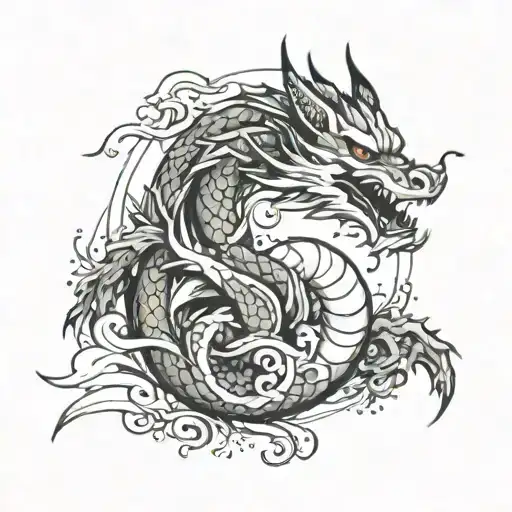 create a sketch for a tattoo where a girl is in Japanese style with elements of a dragon, or a snake, or a fox tattoo design idea
