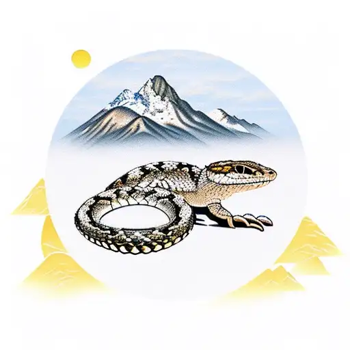 diamondback rattlesnake with mountains, saguaro cactus, and sunset in background tattoo design idea