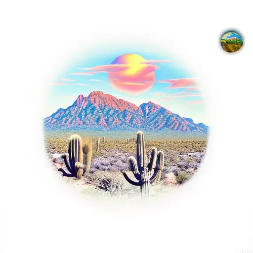 Santa catalina mountains in the background including Tucson's sunset, a saguaro cactus, and a diamondback rattlesnake. tattoo design idea