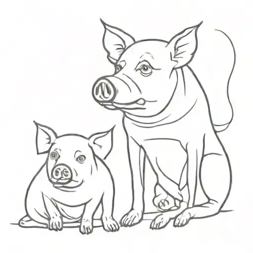 pig and dog sitting tattoo design idea