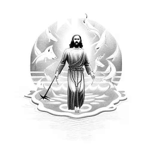 An intricate design of Jesus walking on water surrounded by fish tattoo design idea