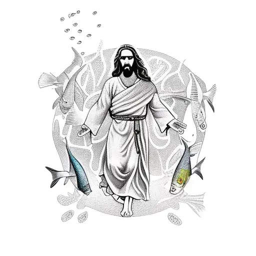 An intricate design of Jesus walking on water surrounded by fish tattoo design idea