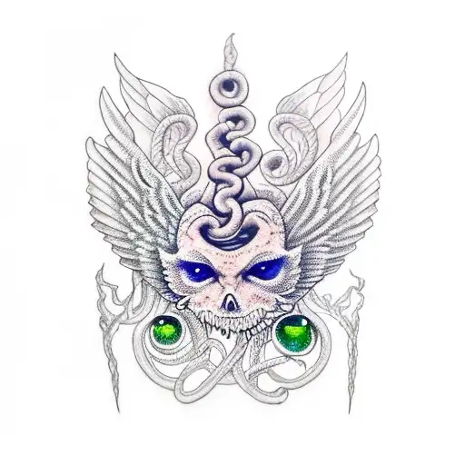 Dagger with a snake with vibrant green eyes around it and wings tattoo design idea