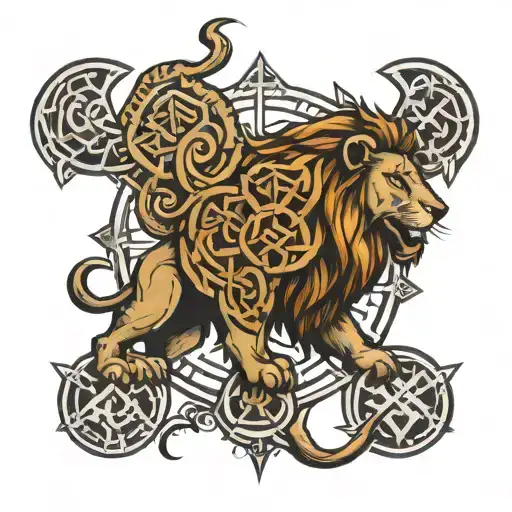 lion and viking runes tattoo design idea