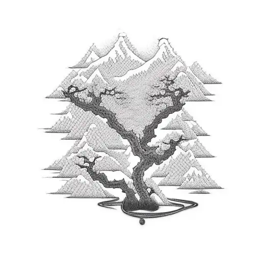 A river flowing through a forest with knitting needles and yarn intertwined in the trees tattoo design idea