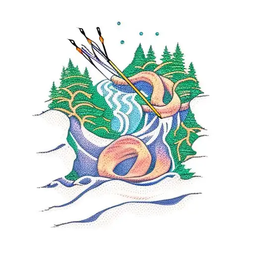 A river flowing through a forest with knitting needles and yarn intertwined in the trees tattoo design idea