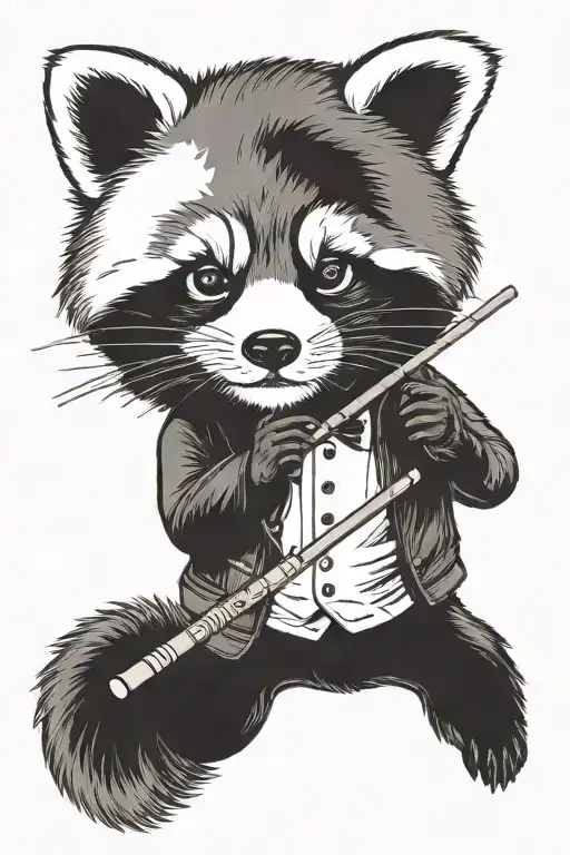 Classy red panda with a monocle playing  the flute.  tattoo design idea