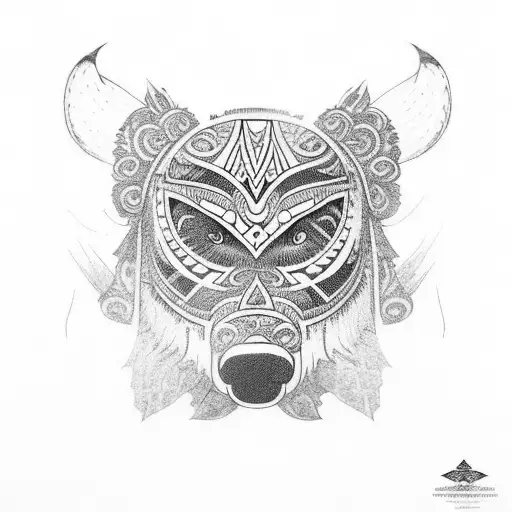 sleeve in Polynesian style with ornaments and bear tattoo design idea