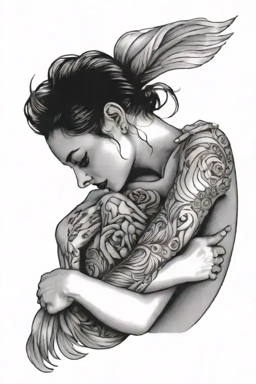 self love woman hugging herself reaching inside her thoughts tattoo design idea