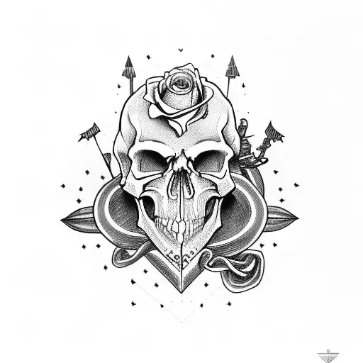 Skyline, skull, heart, rose, dagger tattoo design idea