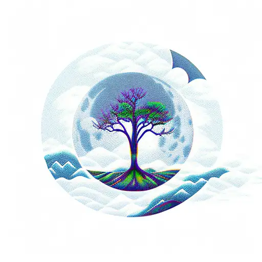 semicolon with mountain, tree, waves and moon  tattoo design idea