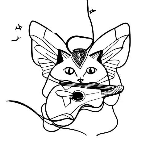 A cat playing a guitar with moth wings tattoo design idea