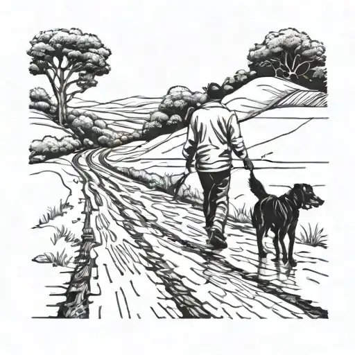 Man and dog walking next to eachother on an endless road  tattoo design idea