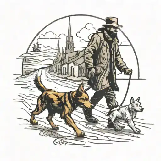 Man and dog walking next to eachother on an endless road  tattoo design idea