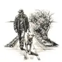 Man and dog walking next to eachother on an endless road  tattoo design idea