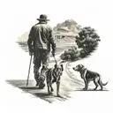 Man and dog walking next to eachother on an endless road  tattoo design idea