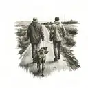 Man and dog walking next to eachother on an endless road  tattoo design idea