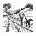 Man and dog walking next to eachother on an endless road  tattoo design idea