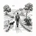 Man and dog walking next to eachother on an endless road  tattoo design idea