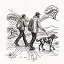 Man and dog walking next to eachother on an endless road  tattoo design idea