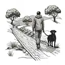Man and dog walking next to eachother on an endless road  tattoo design idea