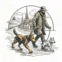 Man and dog walking next to eachother on an endless road  tattoo design idea