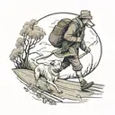 Man and dog walking next to eachother on an endless road  tattoo design idea