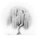  a weeping willow tree hanging over a stone bridge that spans over a river tattoo design idea