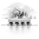  a weeping willow tree hanging over a stone bridge that spans over a river tattoo design idea