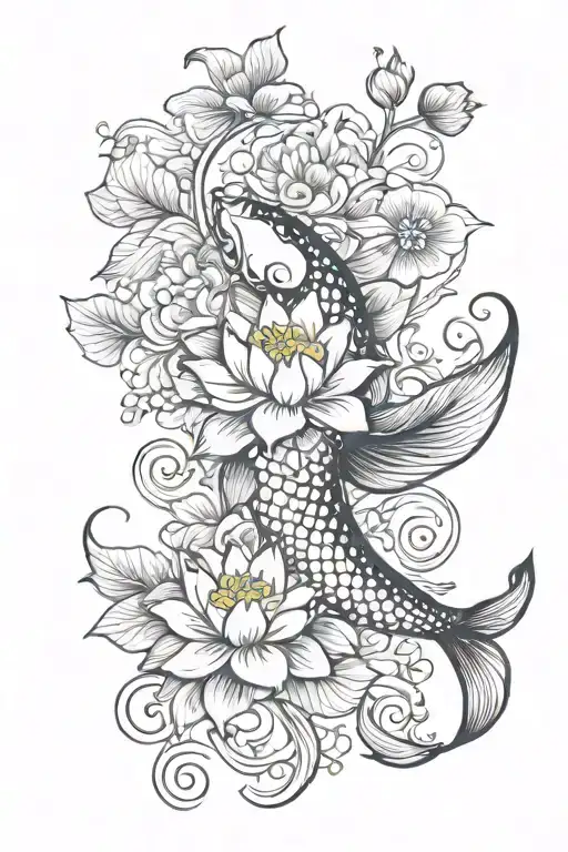 koi fish, lotus, hibiscus flowers, om symbol tattoo design idea