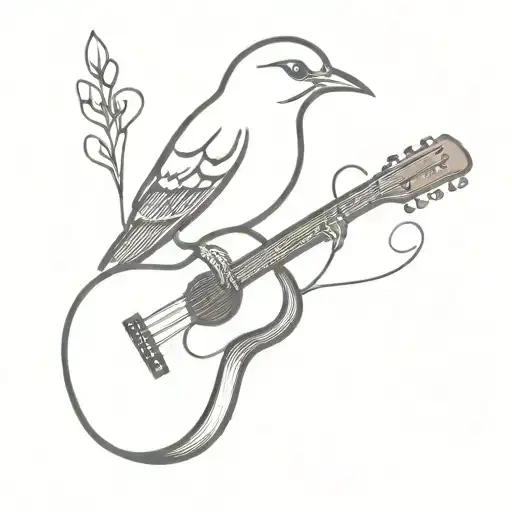 A blackwork tattoo of a bird perched on a guitar, symbolizing the client's love for music and birds tattoo design idea