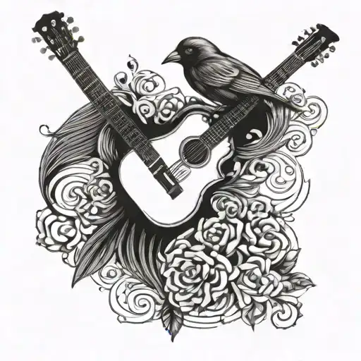 A blackwork tattoo of a bird perched on a guitar, symbolizing the client's love for music and birds tattoo design idea