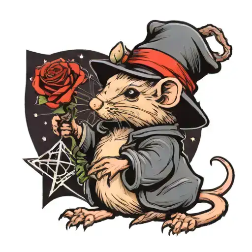 rat in wizard hat holding rose tattoo tattoo design idea