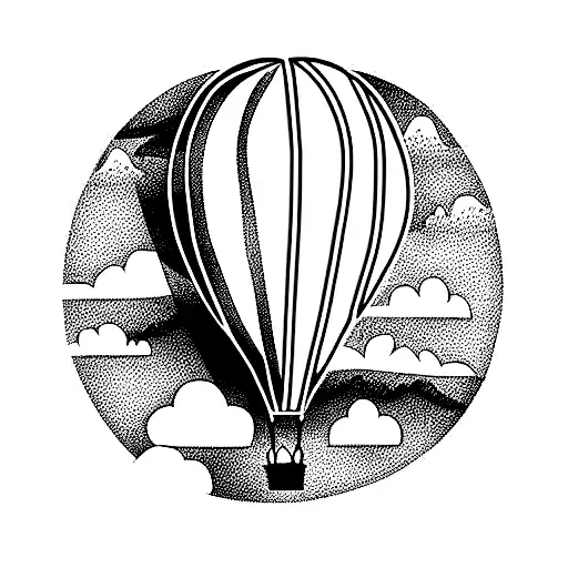 hot air balloon with green mountains in background tattoo design idea