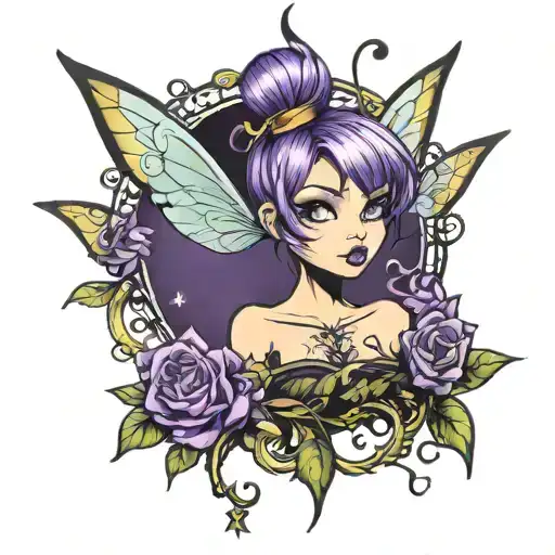 gothic tinkerbell with purple hair  tattoo design idea