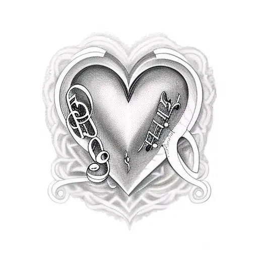 Realistic depiction of a heart-shaped music note with the lyrics 'Epiphany' incorporated in a script font tattoo design idea