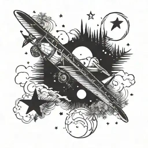 Aeroplane, sky full of stars, woods, sea tattoo design idea
