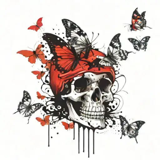 mushroom skull bleeding butterflies flying tattoo design idea