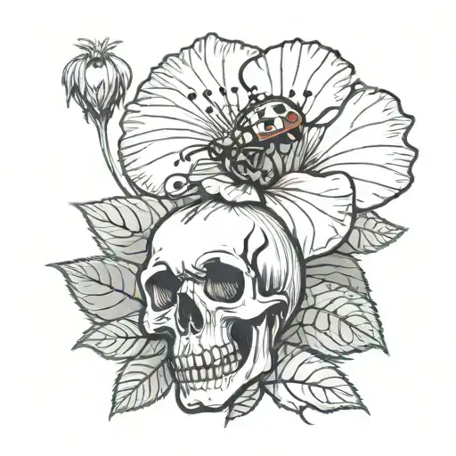 a ladybug on a hibiscus flower with light shining behind it and a skull  tattoo design idea