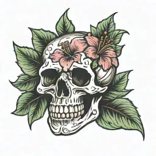 a skull wearing a hibiscus flower tattoo design idea