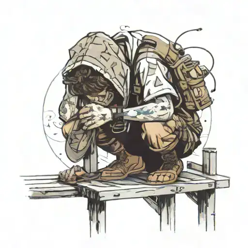 A boy crouches on a weathered deck, clutching his nose, with a larger head symbolizing overthinking. Ready to leap, he e tattoo design idea