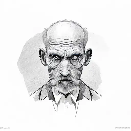 old man using walker, head is a mirror cartoon tattoo design idea