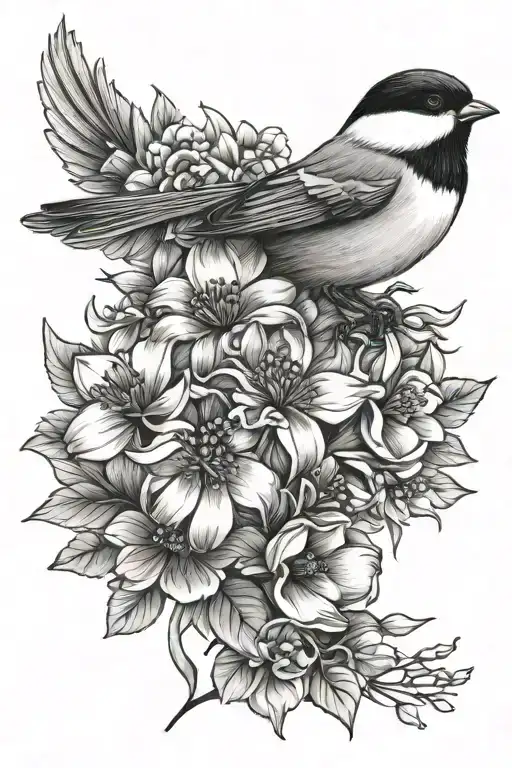 flowers and chickadee  tattoo design idea