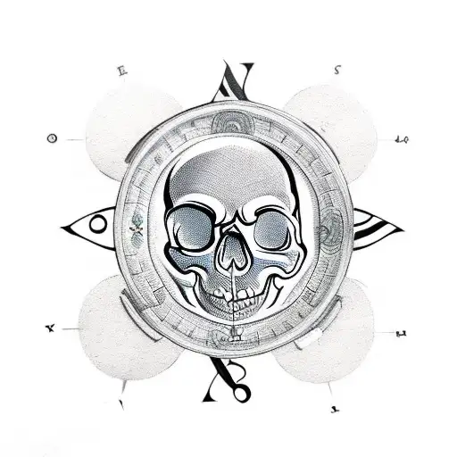 A skull with a compass and a flower tattoo design idea