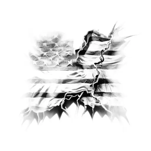 flowing black and white american flag coming out of ripped skin tattoo design idea