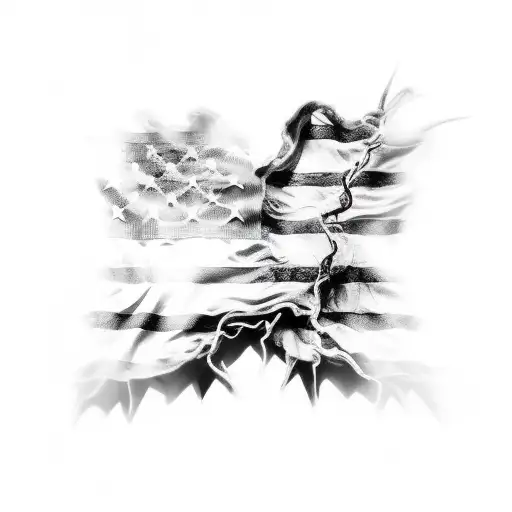 flowing black and white american flag coming out of ripped skin tattoo design idea