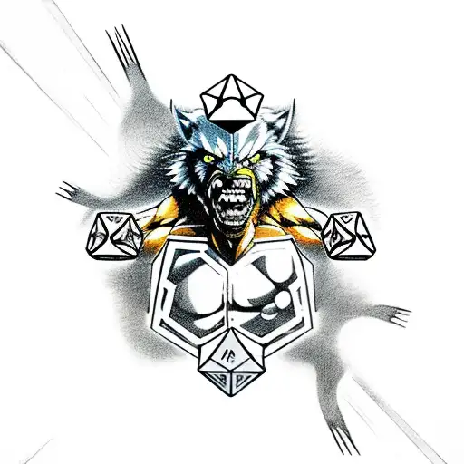 A 20 sided dice with Wolverine clawmarks underneath and a Werewolf Incorporated in the background tattoo design idea