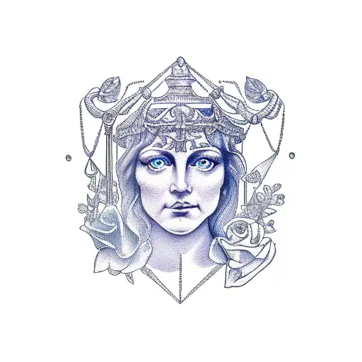 themis goddess of justice holding the scales, with the libra constellation, glyph, bluebells, roses, with a sylph tattoo design idea