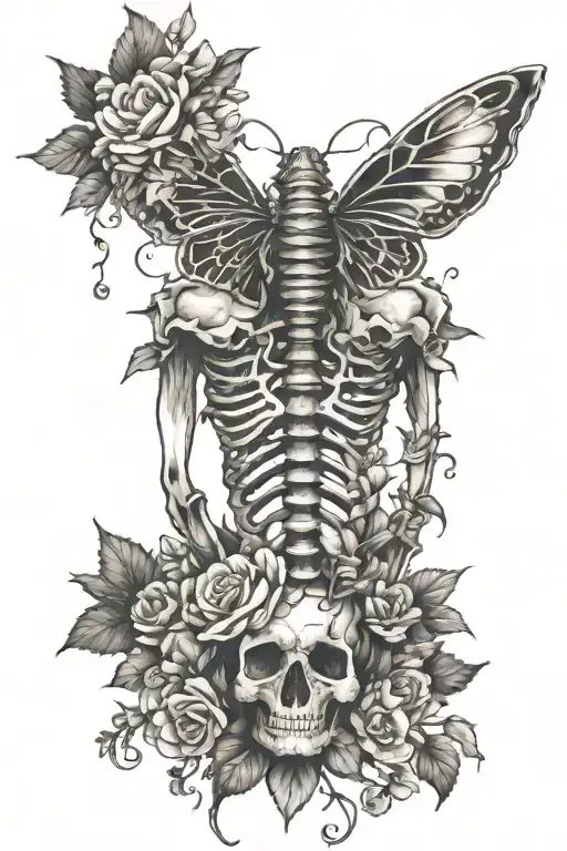 human spine tatto with bones and butterflies and flowers wrapped around    tattoo design idea