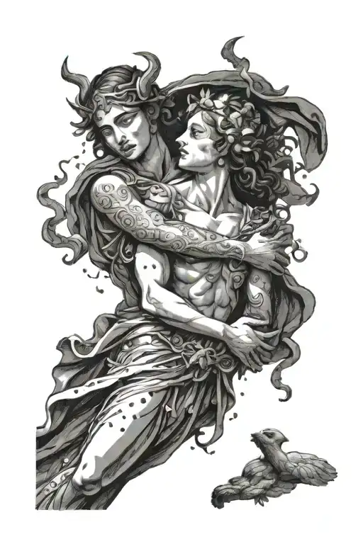Orpheus holding Eurydices hand as he guides her towards light, black border, Orpheus has eyes covered  tattoo design idea